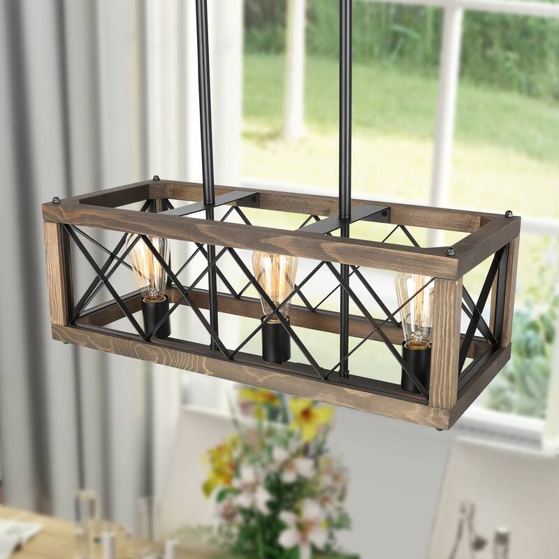Cobert Farmhouse Linear Wood Island Chandelier Kitchen Hanging Lights - L23.5"*W10"*H 10" - 3-light - L 23.5" x W10" x H 10"