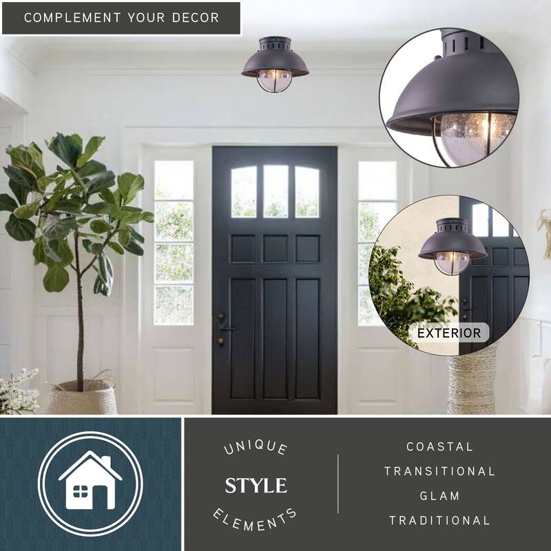 Harwich Gray Coastal Barn Dome Outdoor Flush Mount Ceiling Light Clear Glass - 10-in W x 7.75-in H x 10-in D