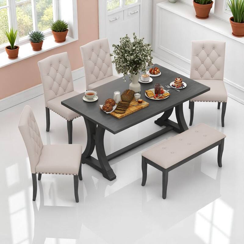 6-Piece Farmhouse Dining Table Set with Rectangular Trestle Table, 4 Upholstered Chairs & Bench for Dining Room or Kitchen