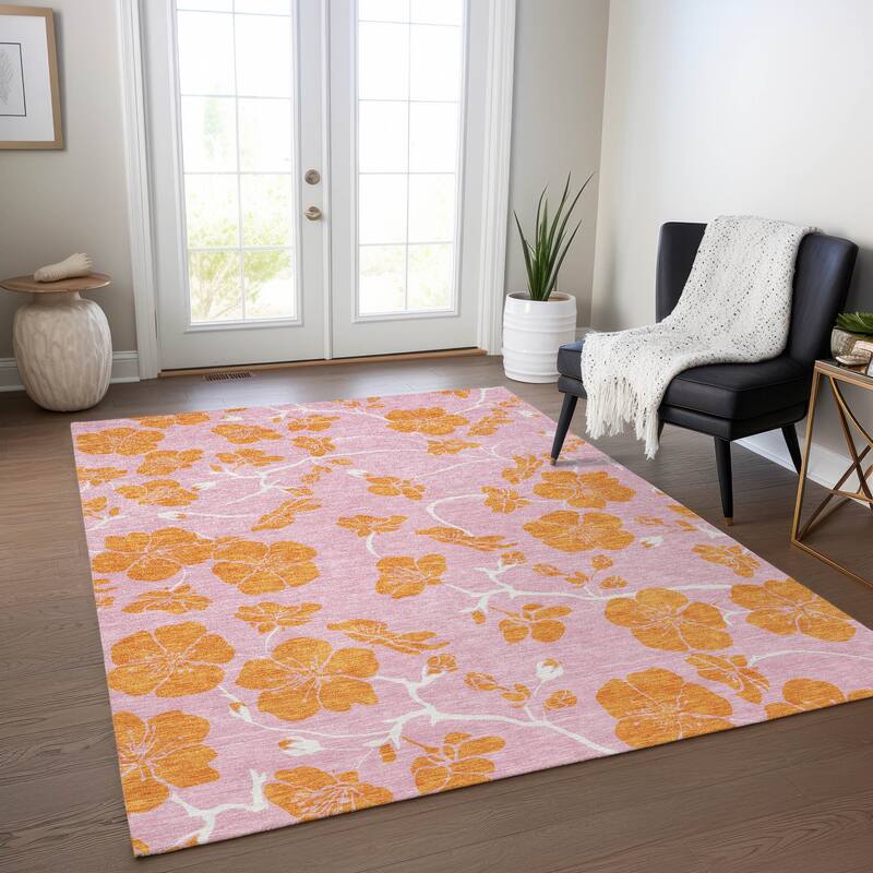 Machine Washable Indoor/ Outdoor Floral Zen Chantille Rug - Pink - 8' x 10'