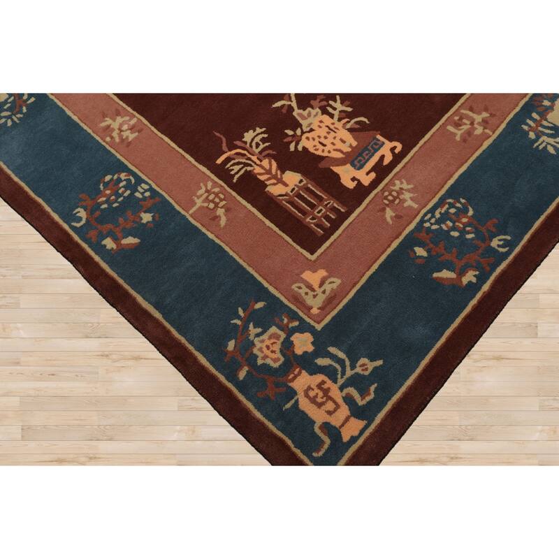 Hand Tufted LoomBloom Brown Oriental Area Rug Multi Sizes Featuring Vase Transitional Chinese Art Deco in New Zealand Wool