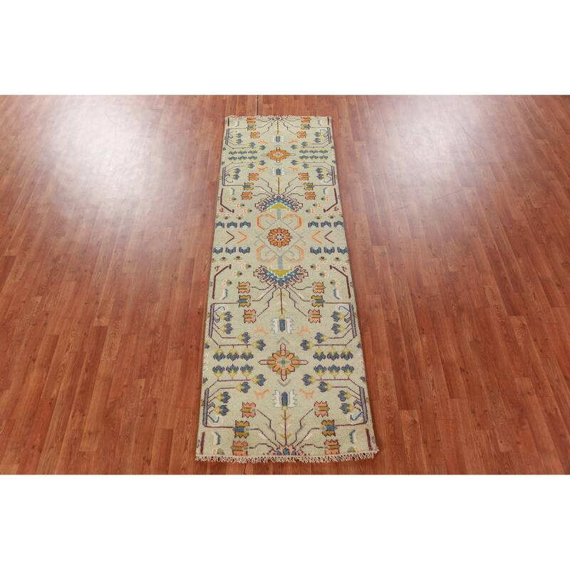 Hand Knotted Oriental 100% Wool Carpet Transitional Tribal Green Oushak Runner Rug - 8' 2'' X 2' 7''