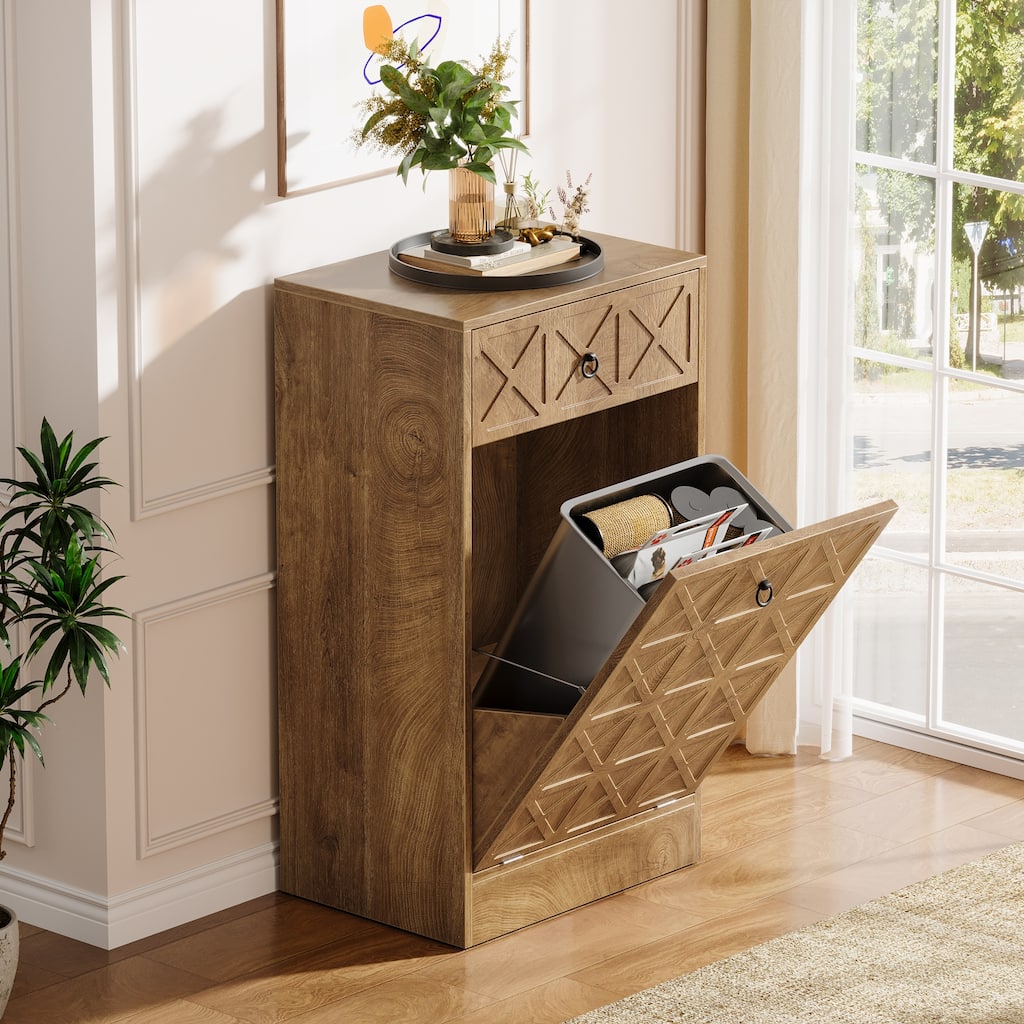 13 Gallon Wooden Fluted Tilt-Out Trash Can Cabinet with Drawer, Hidden Garbage Bin Waste Storage Unit for Kitchen Living Room