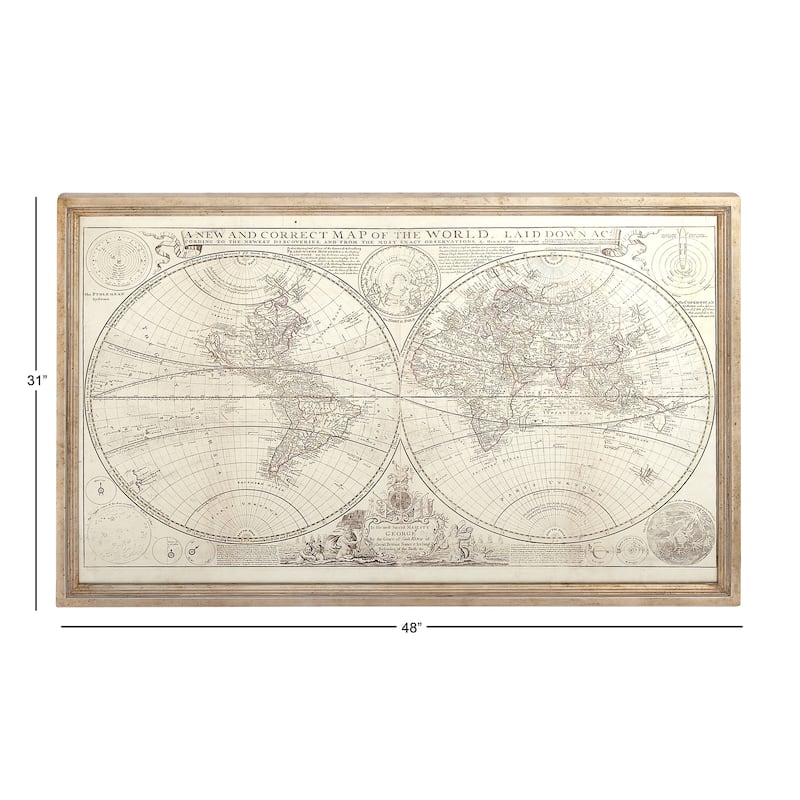 Canvas World Map Framed Wall Art with Gold Frame - Beige - Roche River Decor