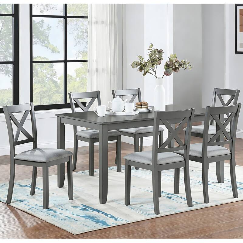 7-Piece Dining Set, 58.5" Wood Dining Table with 6 Padded Chairs