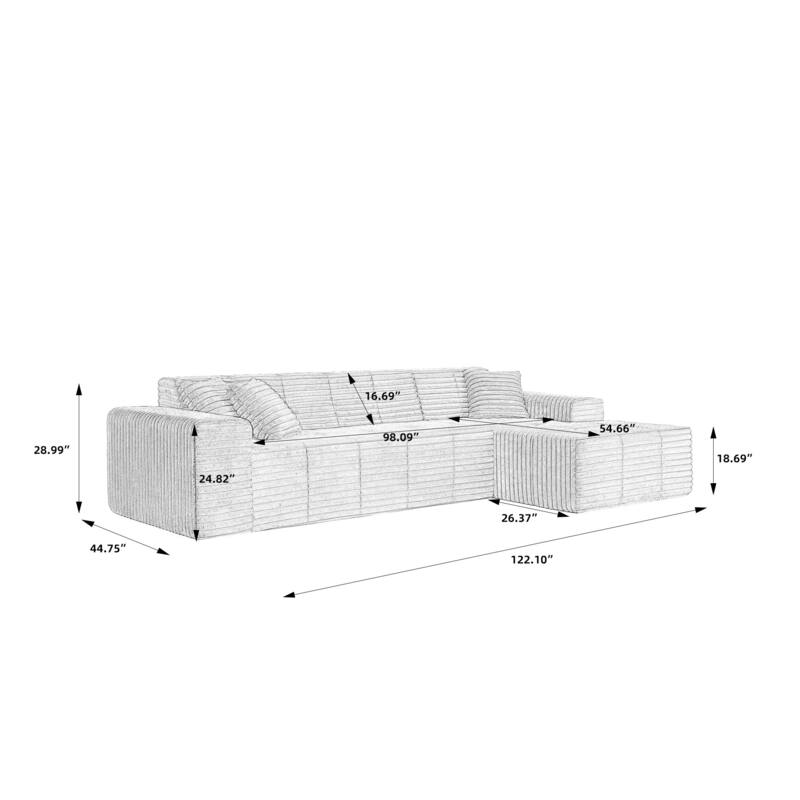 122" W No Assembly Sofa L-Shaded Sectional Modular with Chaise