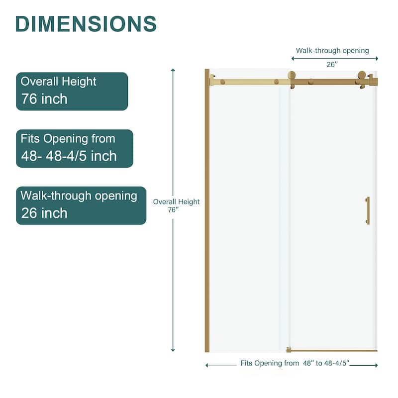 48"W x 76"H Single-Slide Shower Door - 8mm Tempered Glass with 304 Stainless Steel Frame