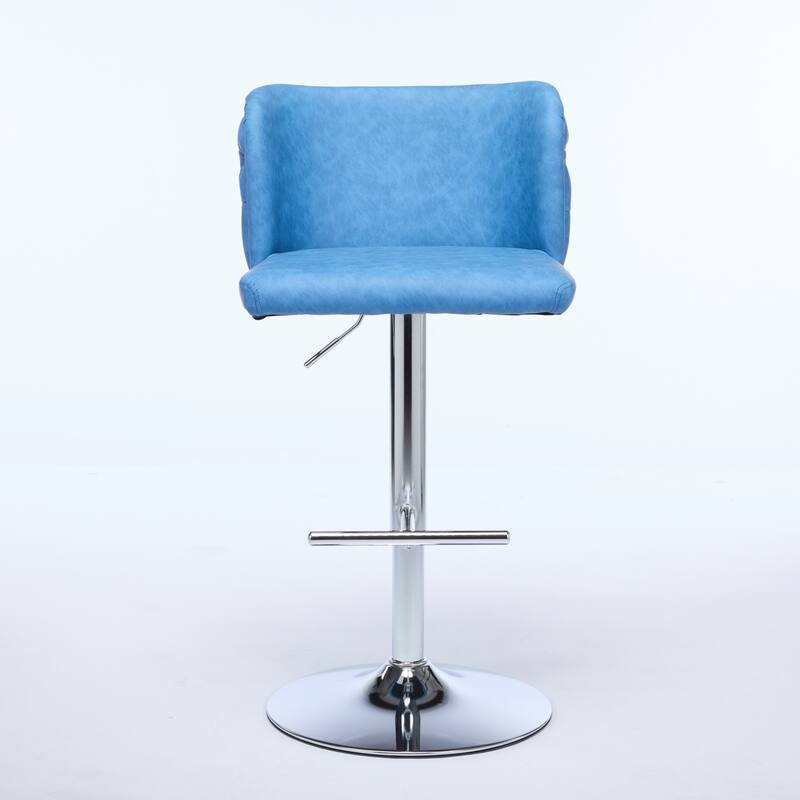 A&A Furniture Set of 2 Swivel Barstools with Chrome Base & Fully Tufted PU Back, Adjustable Height - Blue