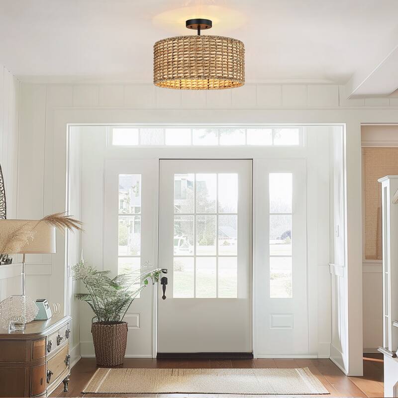 Lennie 3-Light Rattan Drum Semi-Flush Mount Ceiling Light - 16'' W