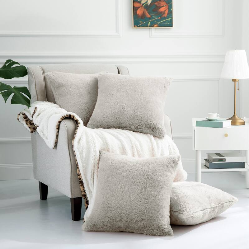 Decorative Rabbit Fauxfur Square Pillow Covers 4 Piece, NO INSERT - Light Grey