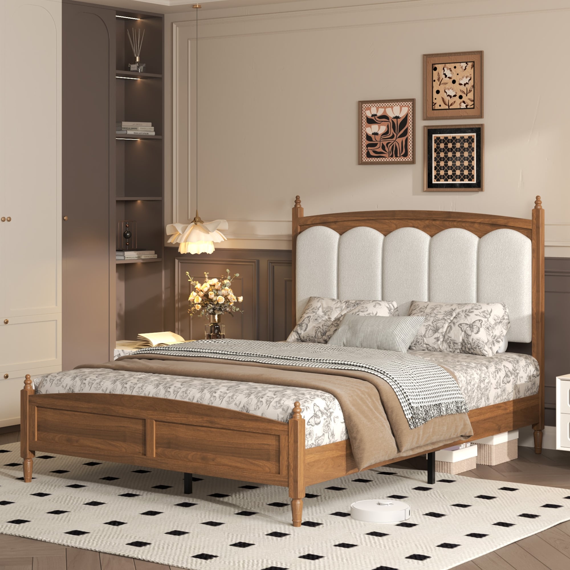 Queen/King platform bed frame upholstered headboard mid century farmhouse