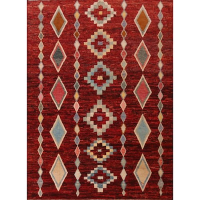 Red Geometric Moroccan Oriental Rug Hand-Knotted Tribal Wool Carpet - 8'1" x 9'9"