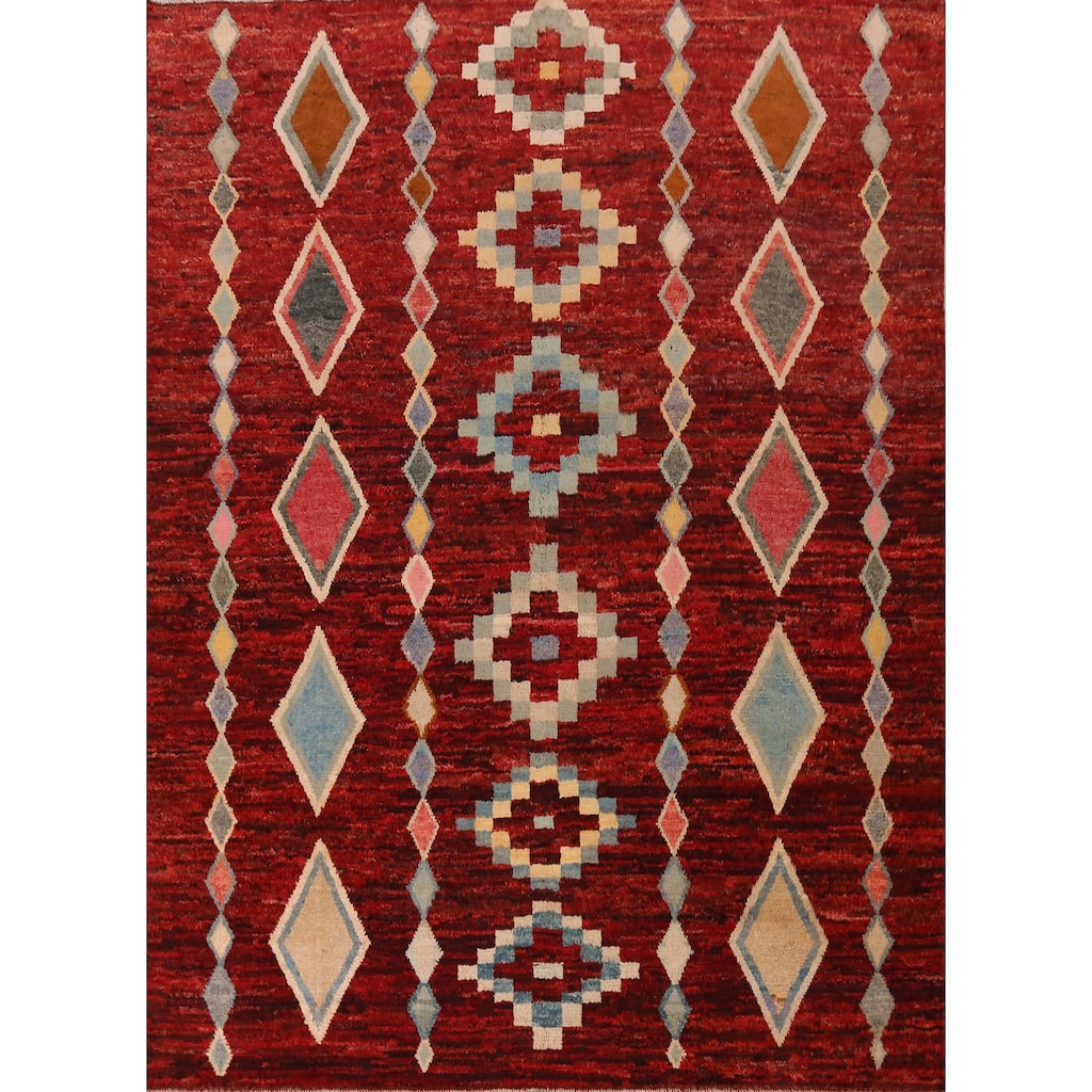 Red Geometric Moroccan Oriental Rug Hand-Knotted Tribal Wool Carpet - 8'1" x 9'9"