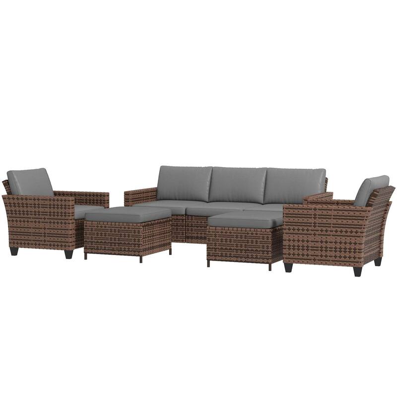 5PC PE Rattan Patio Set, Armchairs, Footstools, Cushions