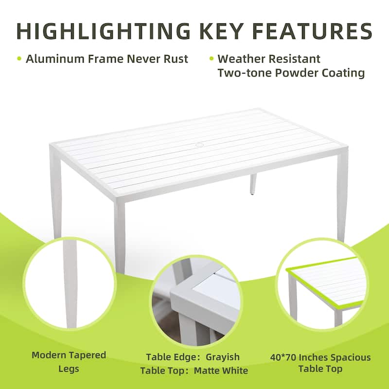 GDFStudio -Sharon Outdoor Patio Aluminum 40"x70" Two-tone Table Top Rectangle Dining Table with Tapered Feet & Umbrella Hole