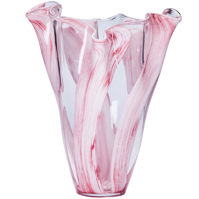 Set of Two Pink Striped Handblown Glass Vases with Scalloped Edges