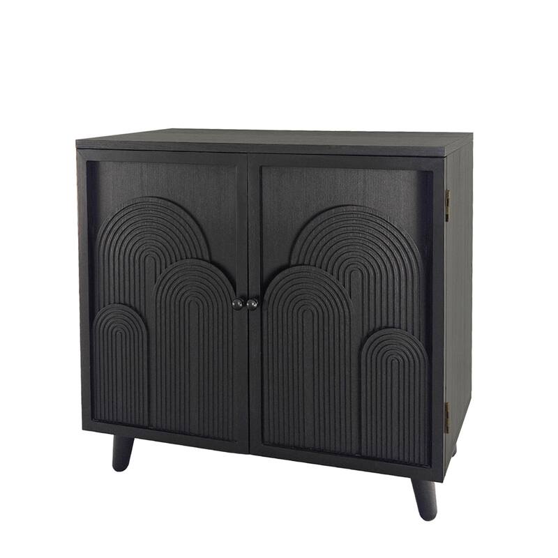 Roomfitters Modern Black Storage Cabinet with Embossed Geometric Door Design, 2-Tier