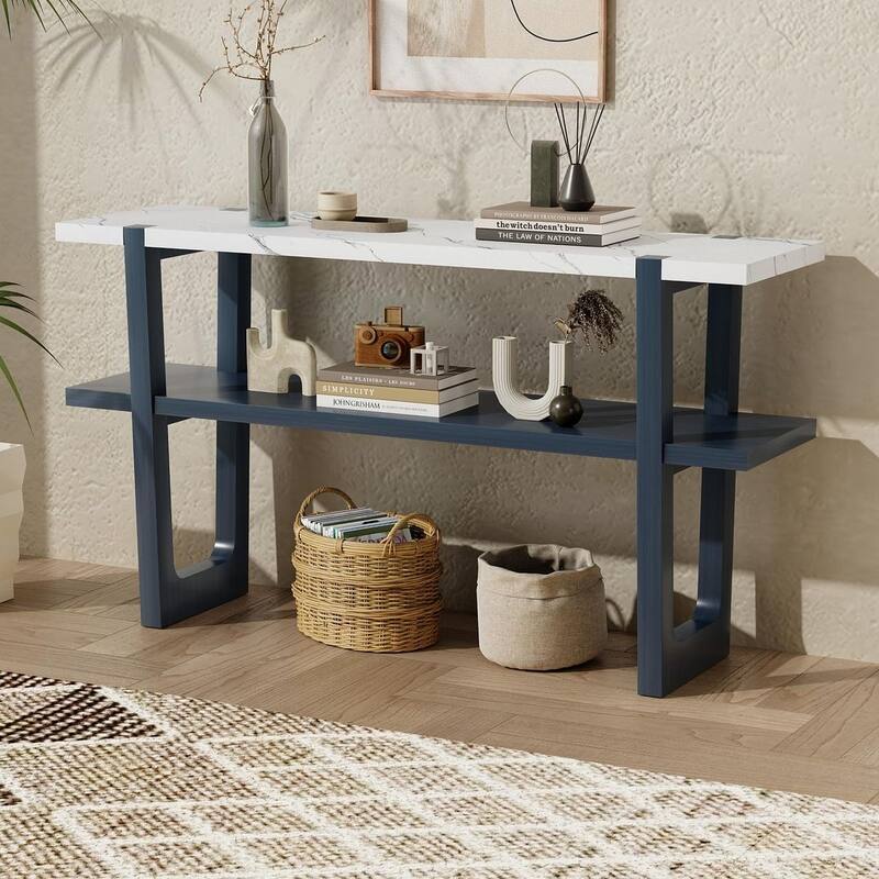 Console Table with Marble-Effect Top - Versatile Storage Solutions - Navy