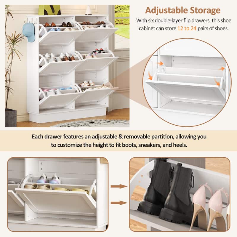 Tipping Bucket Shoe Cabinet w/ 6 Flip Drawers,Adjustable Shelf,Hooks