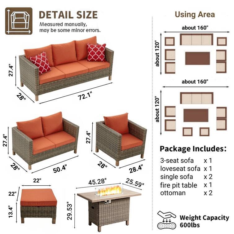 9 - Person Outdoor Wicker Patio Conversation Furniture Set With Fire Pit Table