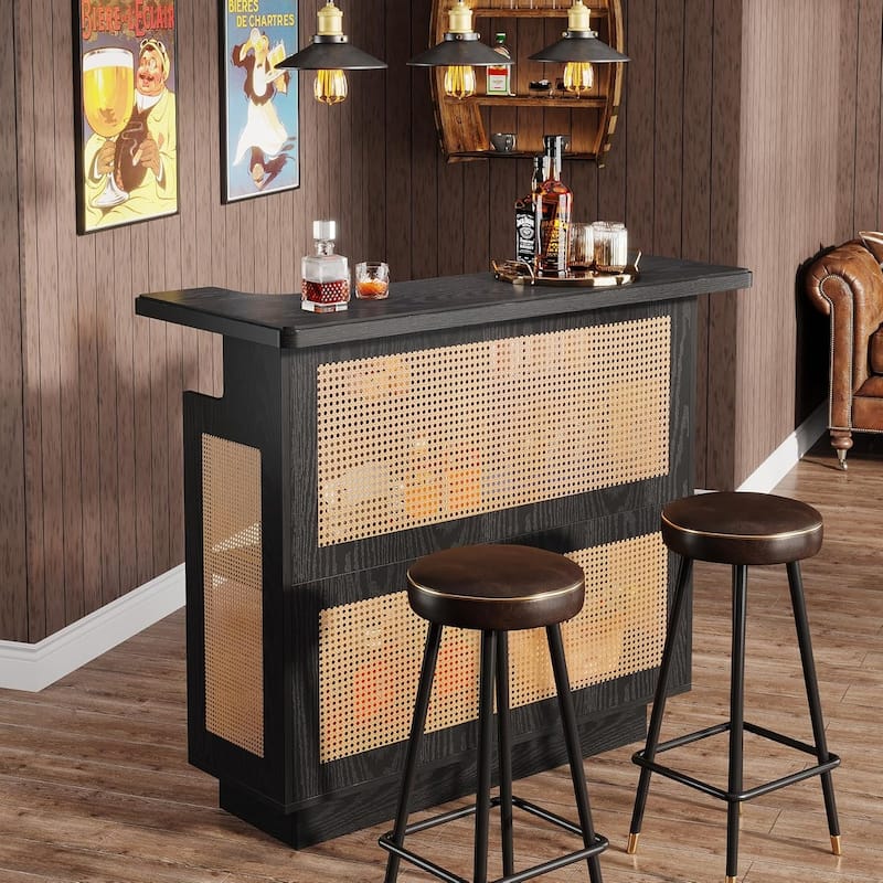Rattan Home Bar Unit, 4-Tier Bar Table with 4 Stemware Racks and Heightened Base, Liquor Wine Bar Cabinet
