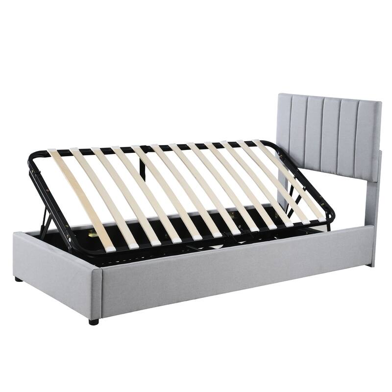 Twin Size Upholstered Platform Bed with a Hydraulic Storage System, Beige