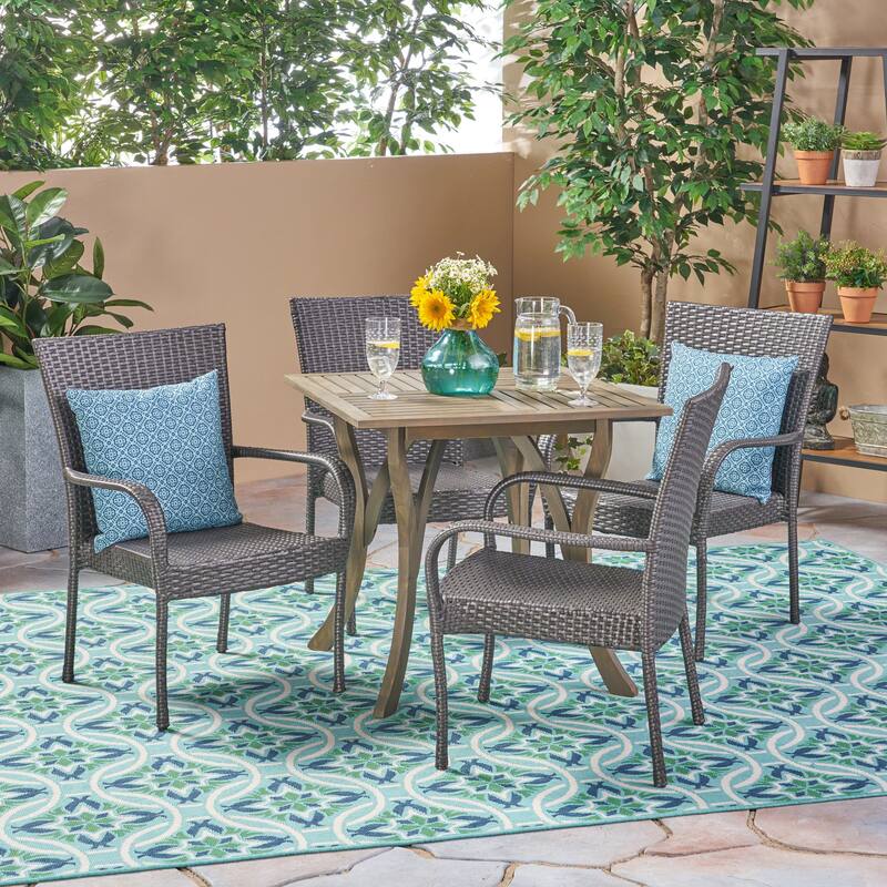 Christopher Knight Home Briar Outdoor 5-Piece Acacia Wood and Wicker Dining Set - Grey