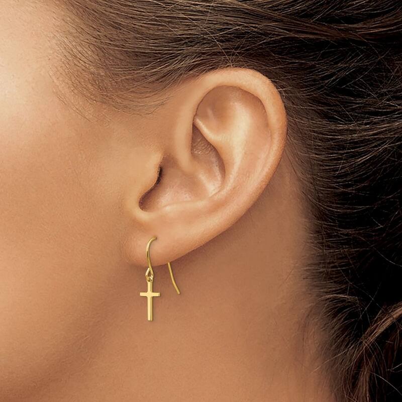 Curata 14k Yellow Gold 24x7mm Dangle Cross Shepherd Hook Earrings