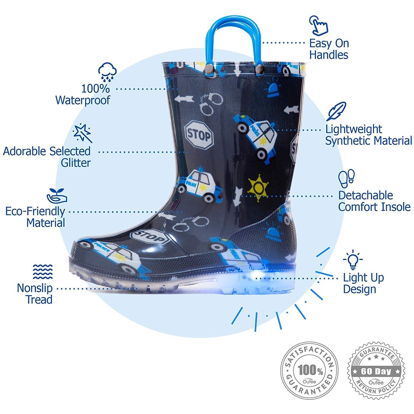 Outee Toddler Kids Adorable Printed Light Up Rain Boots