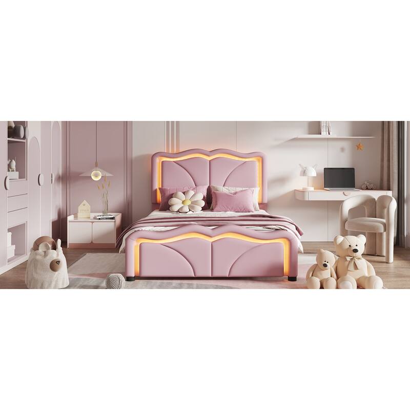 Roomfitters Twin/Full Size Upholstered Platform Bed with LED Light Headboard and Footboard, Wave Shaped Padded Frame, Pink