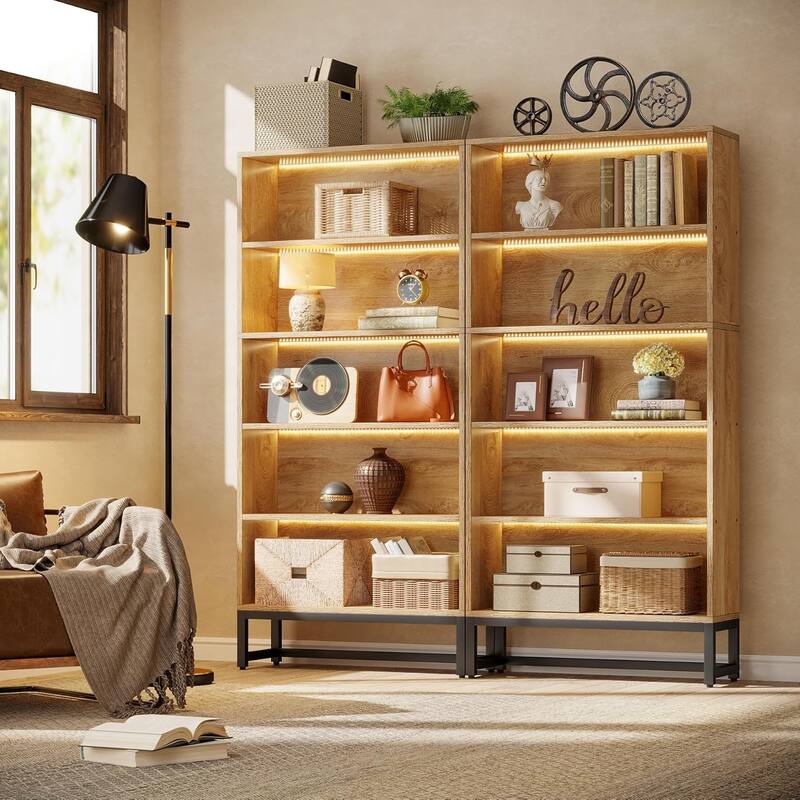 71" Tall Bookcase with LED Lights for Living Room, Bedroom (Brown)