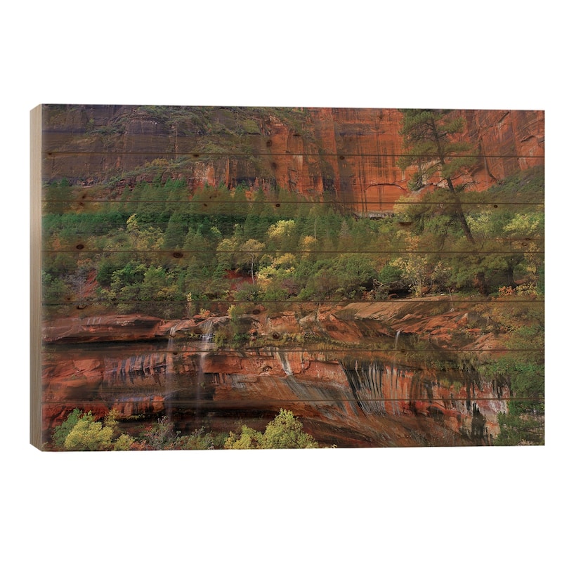 Waterfalls At Emerald Pools, Zion National Park, Utah Print On Wood by Tim Fitzharris - Multi-Color - 26x40x1.5