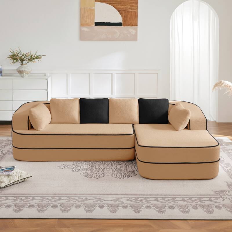 Roomfitters No Assembly Modular Sofa, 106 Inch Teddy Fabric Floor Couch with Chaise, Camel - Camel 106"  L-Shape Right Side