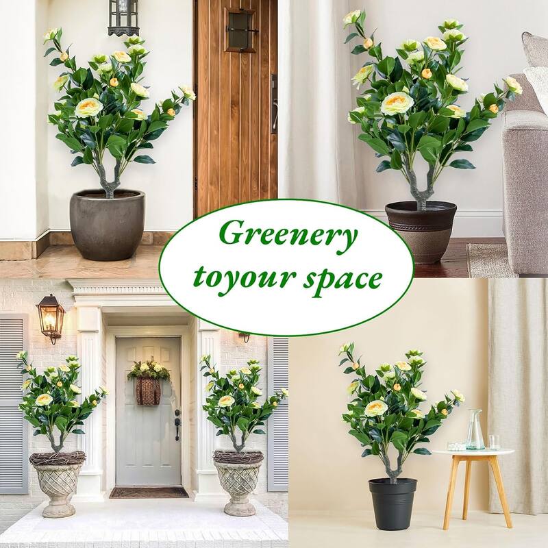 35.4" Artificial Topiary Flower with Ground Spike Set of 2,Artificial Trees with Camellia Flowers