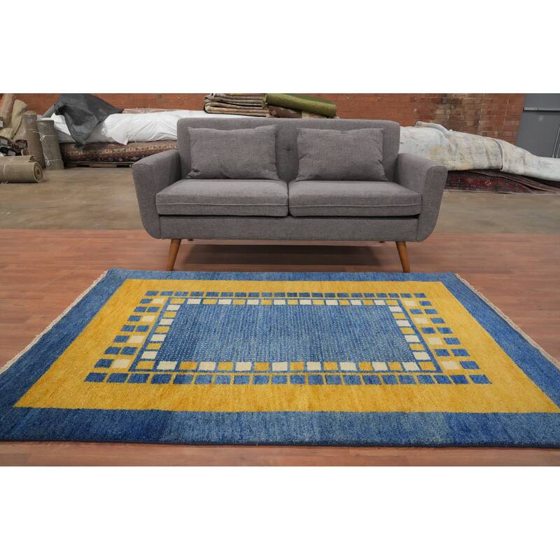 Hand Knotted Oriental 100% Wool Carpet Modern Geometric Navy Blue & Blues Gabbeh Area Rug - 6' 5'' X 4' 5''