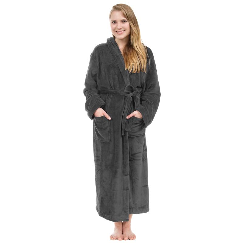 Women's Hooded Plush Robe, Long Fleece Solid Robe - Charcoal
