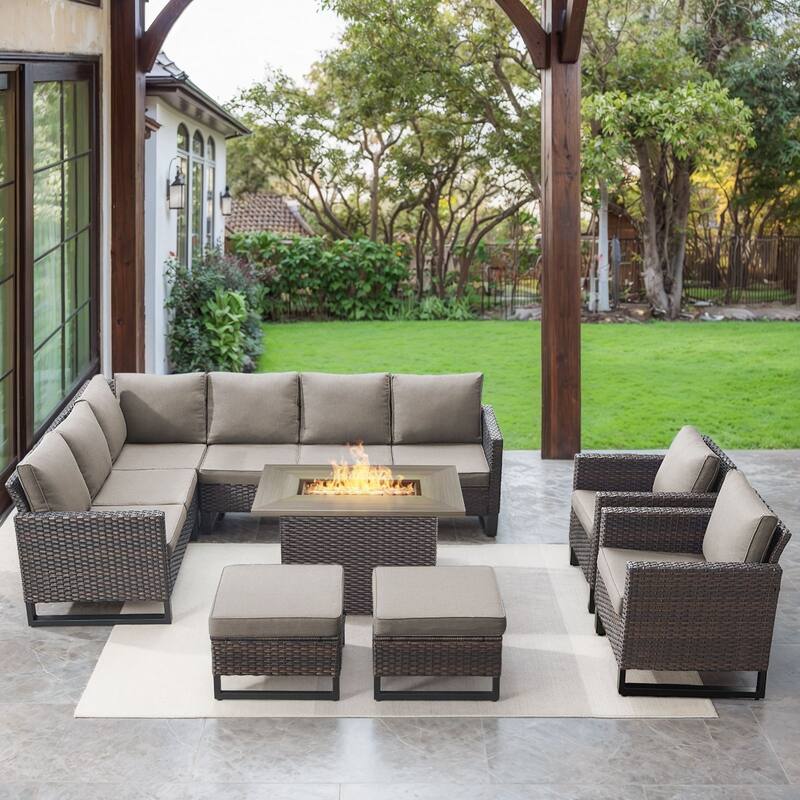 Gymojoy L-Shaped Outdoor Corner Sectional Sofa 6-seats Couch Conversation Set - 6 PCS - Ottomans & Club Chairs & Fire Pit - Brown Wicker / Grey Cusion