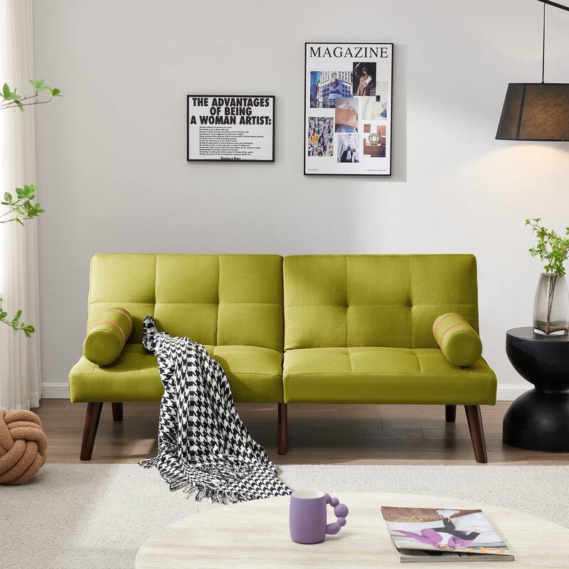 Convertible Sofa Bed Futon with Solid Wood Legs Linen Fabric Musterd Green - Light Green
