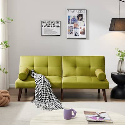 Convertible Sofa Bed Futon with Solid Wood Legs Linen Fabric Musterd Green