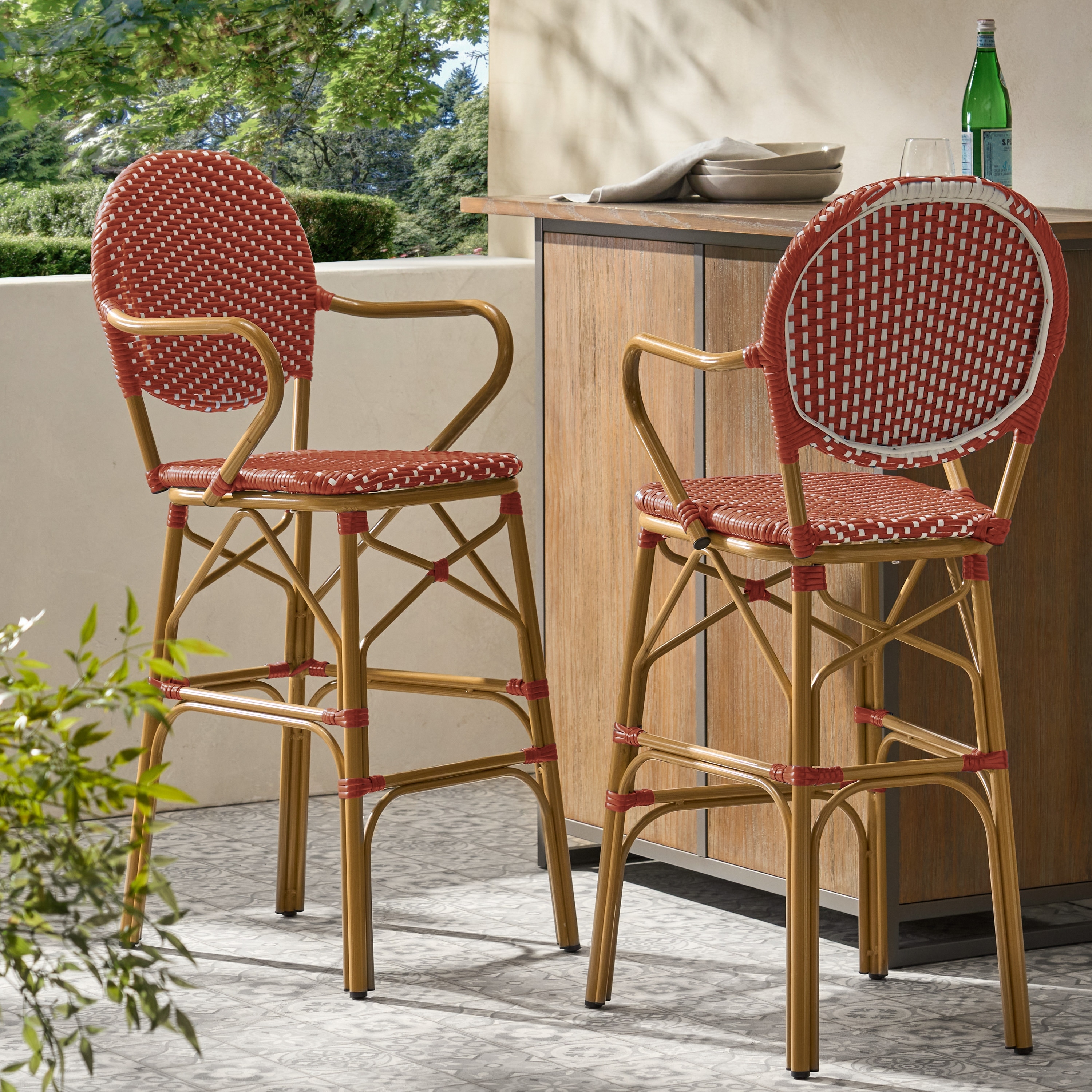 Outdoor Wicker And Aluminum 29.5" French Barstools, Set Of 2, Bamboo Print Finish