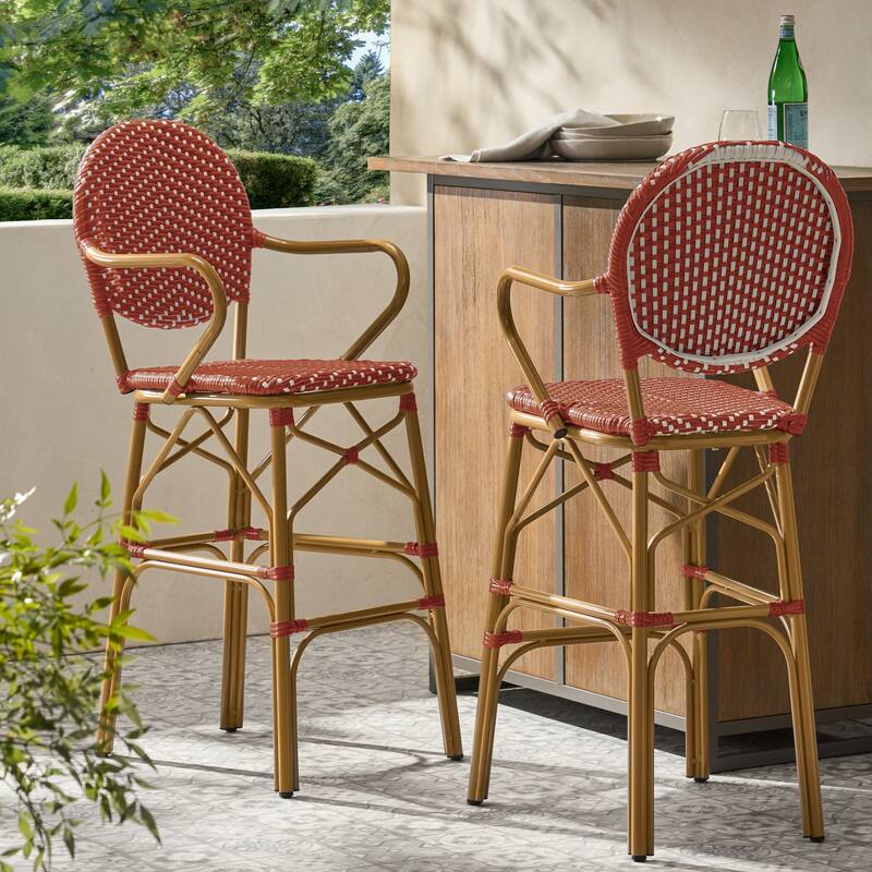 Outdoor Wicker and Aluminum Barstools, Set of 2