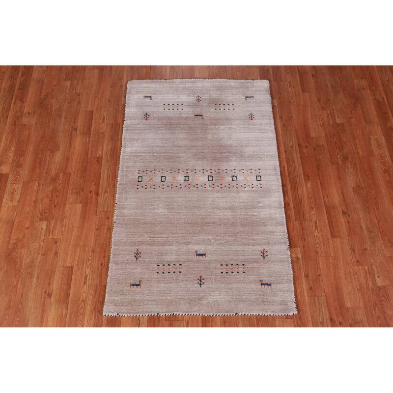 Hand Knotted Oriental 100% Wool Carpet Tribal Animal Pictorial Beige & Ivories Gabbeh Area Rug - 4' 11'' X 2' 11''