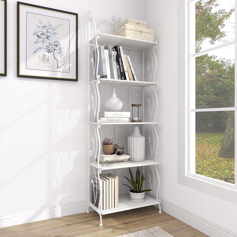 Metal Scroll Indoor Outdoor Tall Folding 5 Shelves Bakers Rack - Gold or White - Roche River Decor