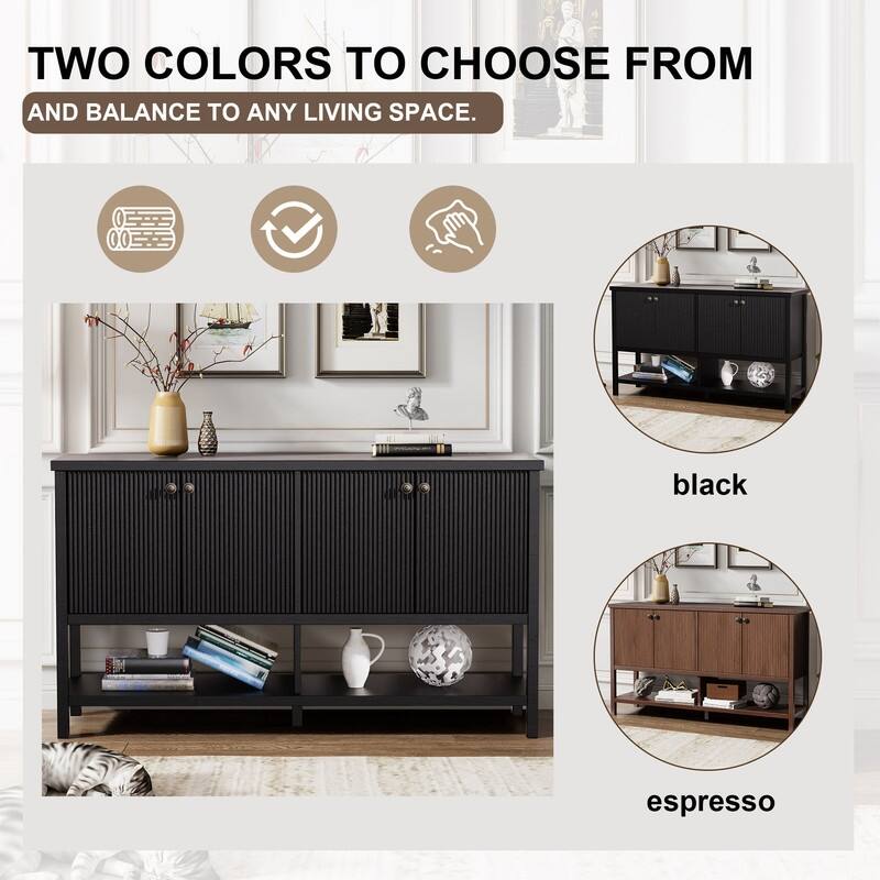 Framehouse 59" Sideboard with Fluted 4-Door, Storage Cabinet with Open Shelf