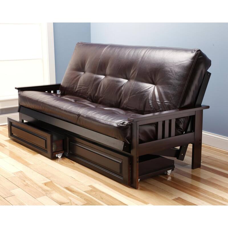 79 in. Espresso/Oregon Trail Java Leather Upholstered Full Size Futon Set with Mattress and Storage Drawers