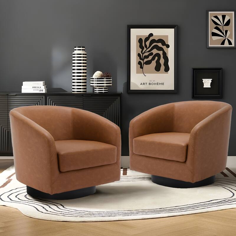 2 Set Modern Vegan Faux Leather Swivel Barrel Accent Chair