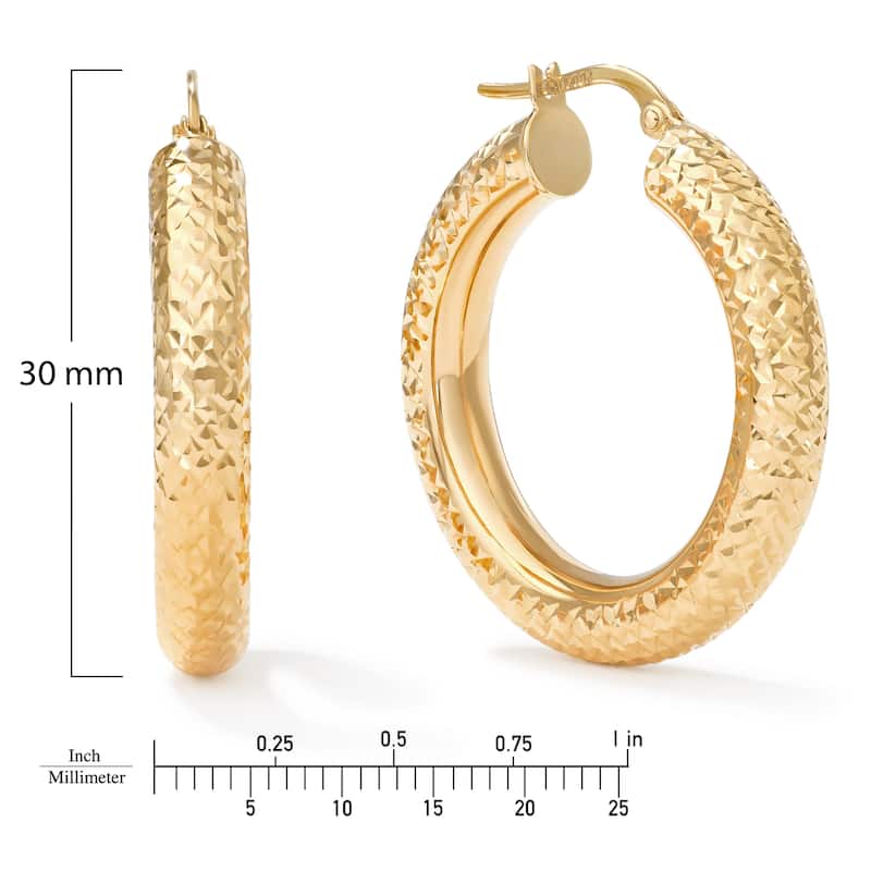 Clover 14K Yellow Gold Diamond-Cut Round Hoop Earrings 3mm (25 &30mm)
