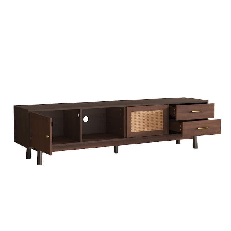 Mid Century Modern TV Stand Entertainment Center for up to 80" TVs, Rattan Sliding Doors TV Cabinet with Drawers for Living Room
