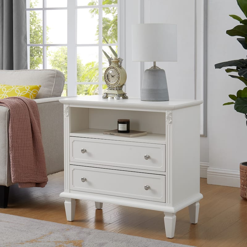 Farmhouse Nightstand with 2 Drawers and Charging Station, Solid Wood Legs, USB Ports & Open Shelf, Fluted Design End Table