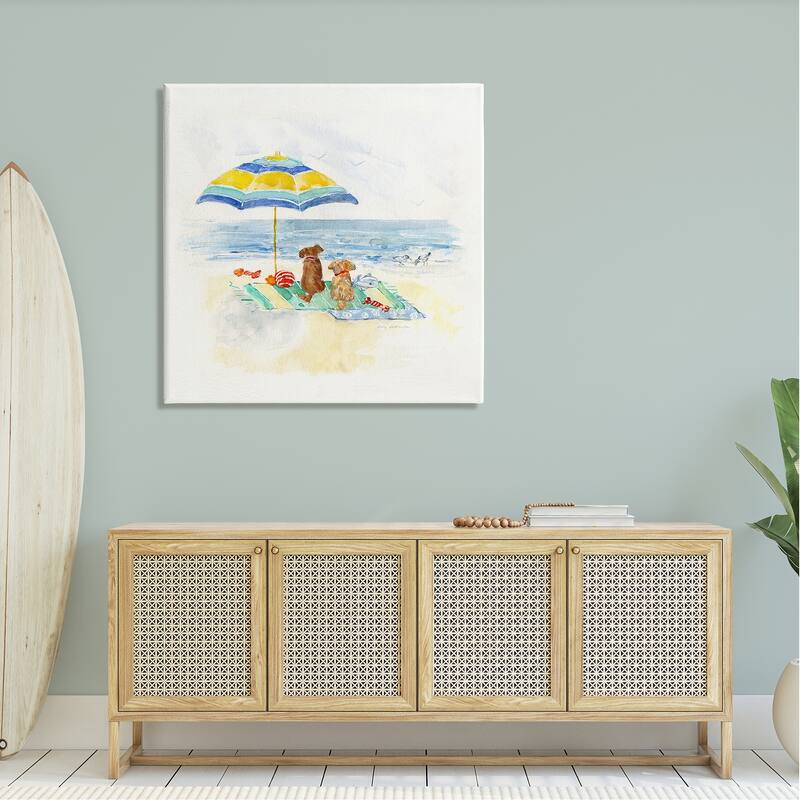 Stupell Cute Playful Dogs Relaxing Beach Umbrella Shoreline Painting Canvas Wall Art